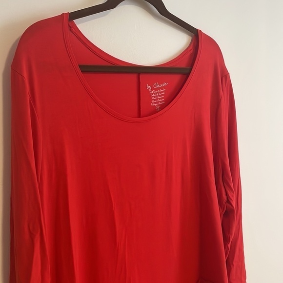 Chicos Jersey Knit Top 3 Tunic High Low Red 3/4 Sleeve Red Eyelet Long Casual - Picture 2 of 8